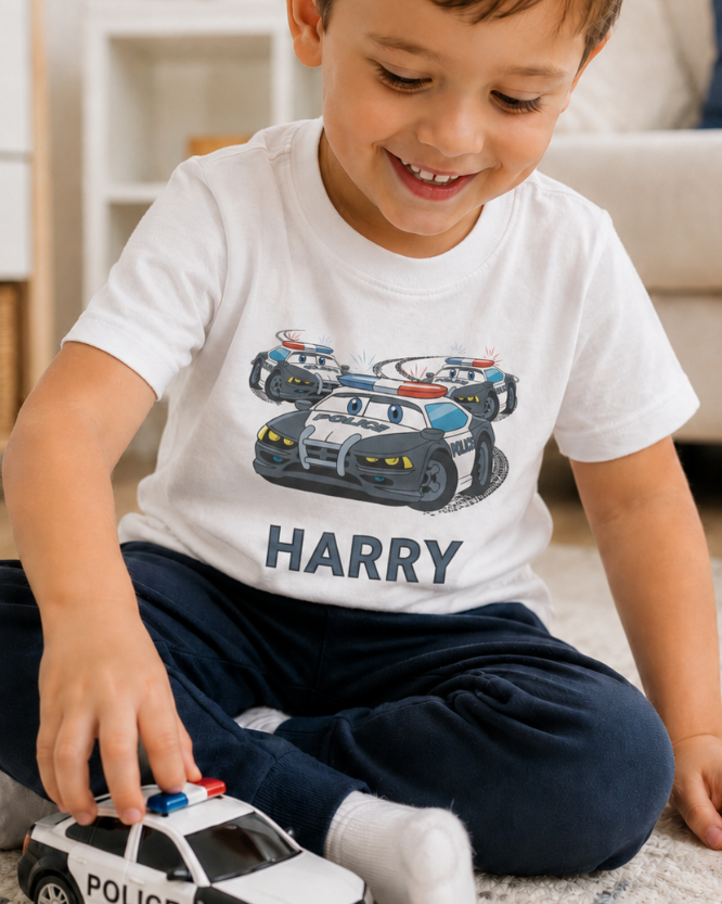 Little boy wearing a white t-shirt with a police car design and name 'Harry', holding a toy police car.