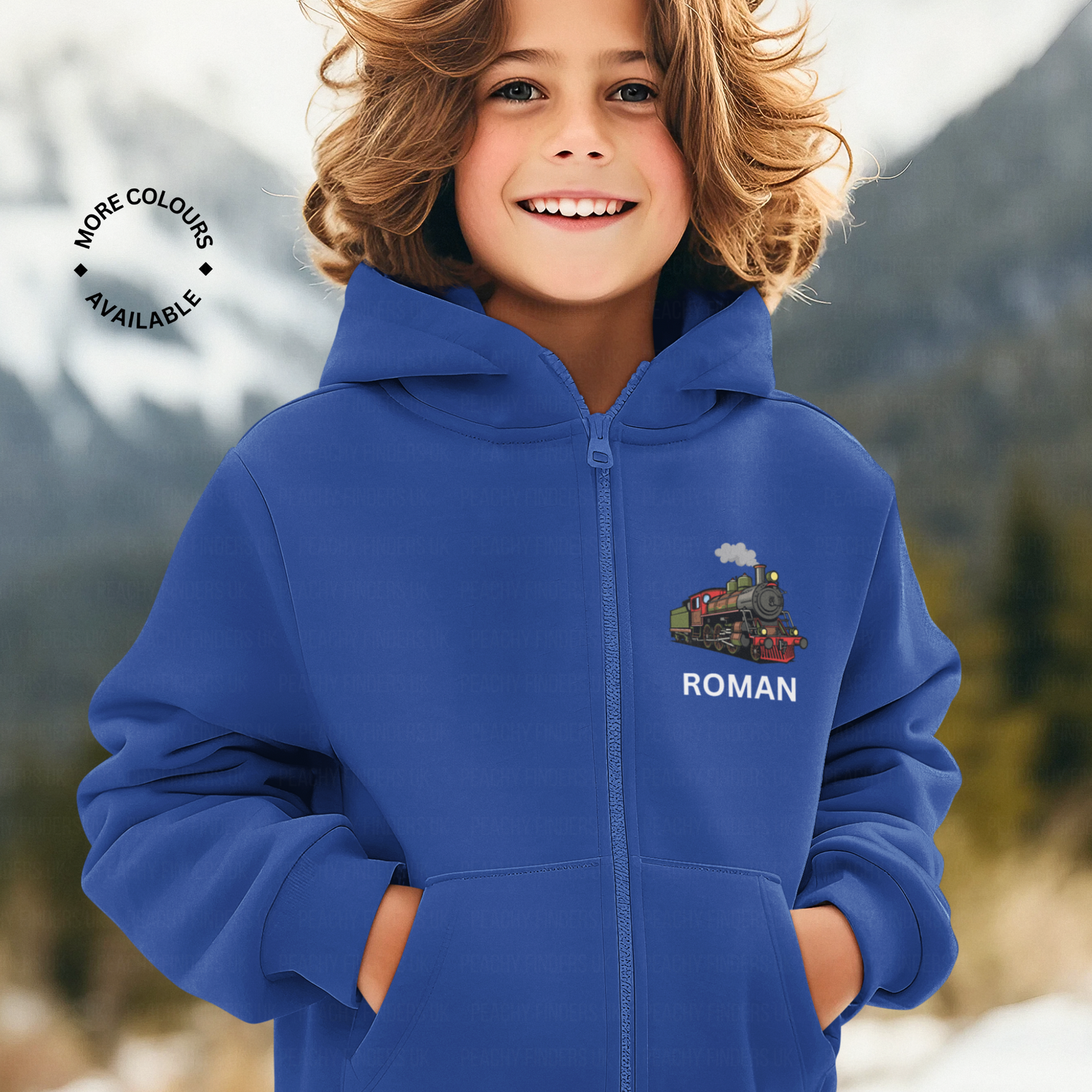 Boy wearing royal blue personalised steam train zip-up hoodie with name printed on left chest