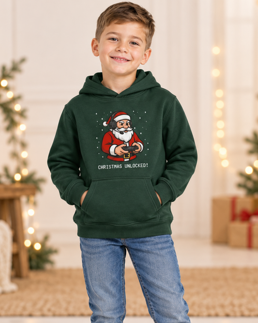 Boy wearing a dark green Christmas Unlocked gaming Santa hoodie with jeans