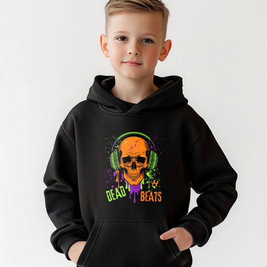 Boy wearing Dead Beats graffiti skull hoodie with headphones graphic