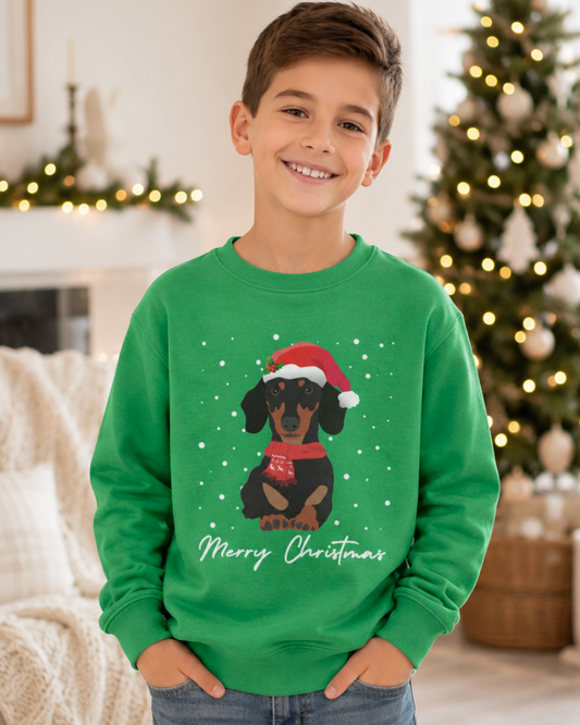 A smiling young boy wearing a bright green crewneck sweatshirt with a graphic of a dachshund wearing a Santa hat and scarf, with 'Merry Christmas' written below. The background shows a cozy, warmly lit Christmas living room with a decorated tree and fireplace.