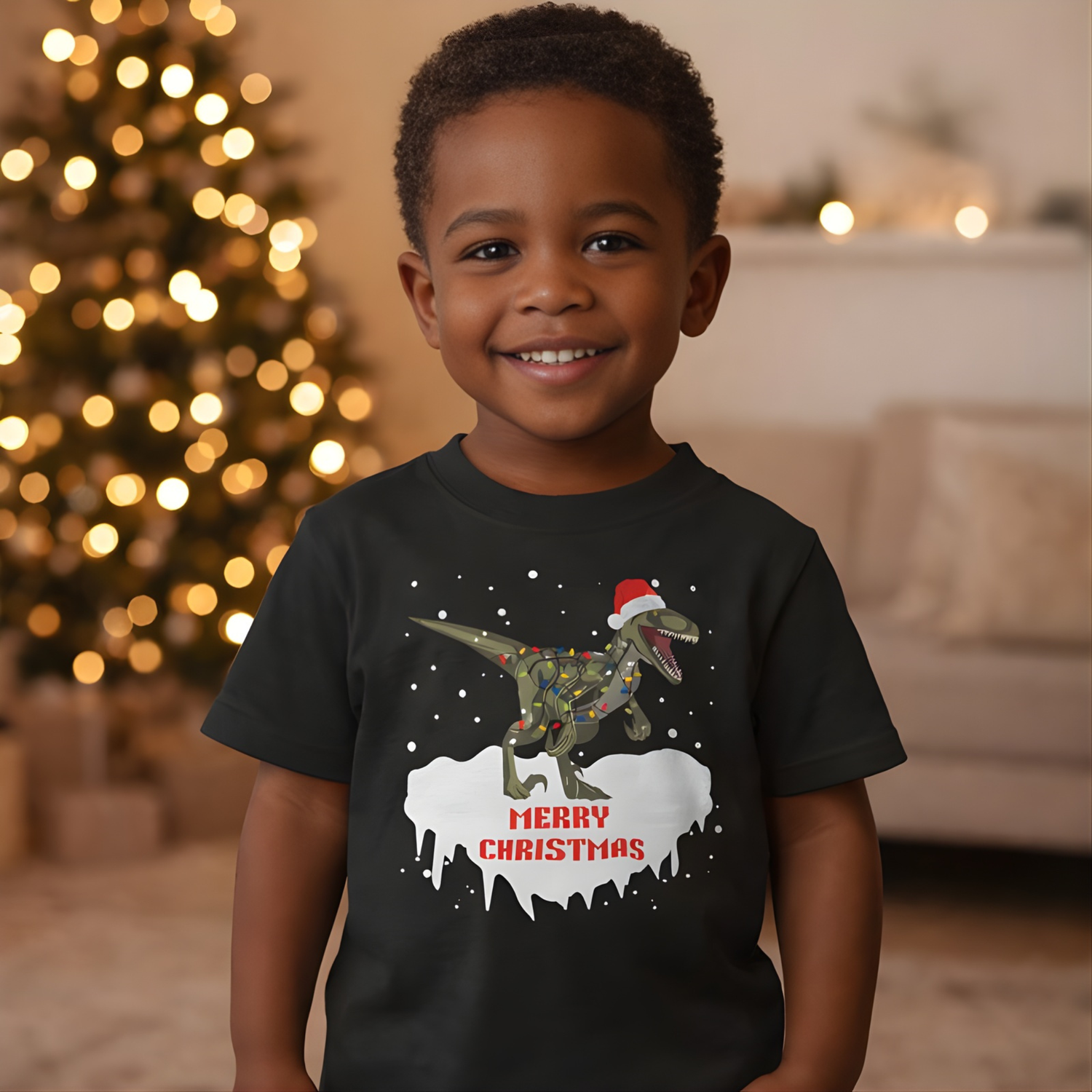 Smiling boy wearing festive dinosaur Merry Christmas t-shirt with Christmas tree lights in background