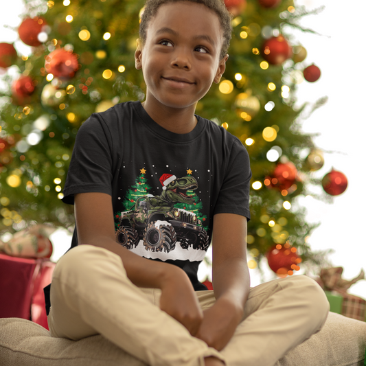 Kids T-Rex Christmas Monster Truck T-shirt - Dinosaur Festive Tee