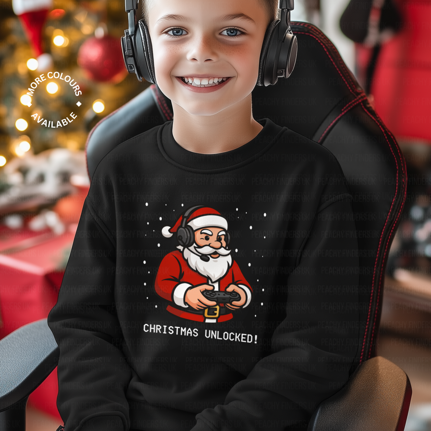 Smiling boy wearing black Christmas sweatshirt with a cartoon Santa holding a gaming controller and the slogan "Christmas Unlocked!" – perfect for kids who love video games