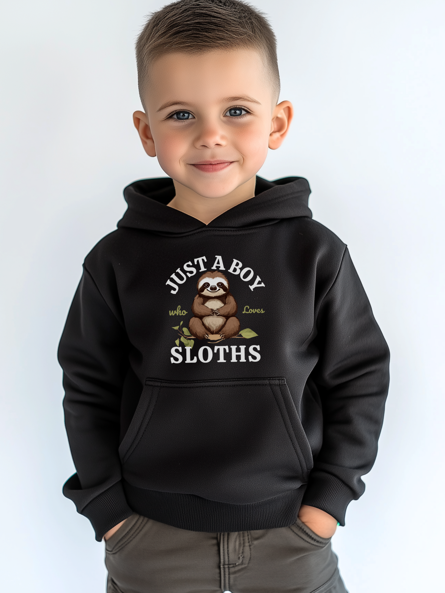 A young boy wearing a black hoodie with the words “Just A Boy Who Loves Sloths” and a cute brown sloth sitting on a leafy branch printed on the front.