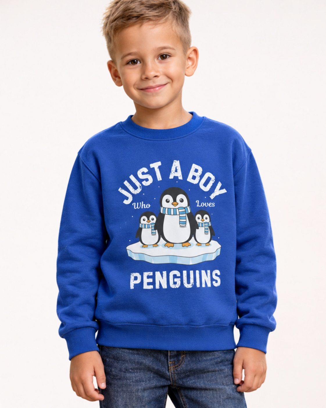 Smiling boy wearing a royal blue “Just a Boy Who Loves Penguins” jumper with dark jeans against a plain light studio background.