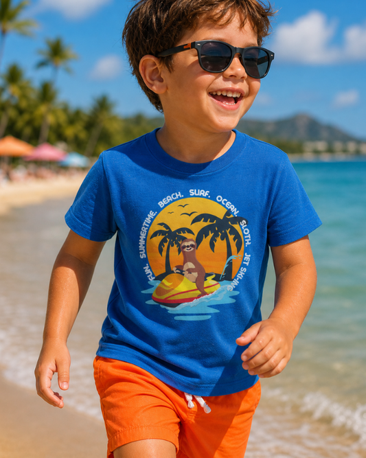 Young boy wearing blue sloth jet ski graphic t-shirt with orange shorts playing on sunny beach kids summer outfit
