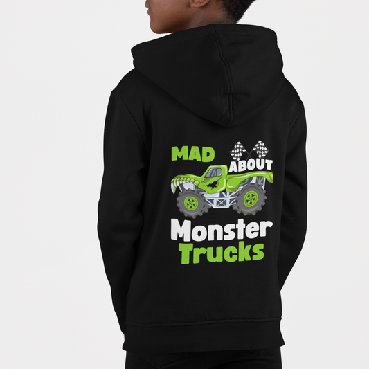 Boy wearing black zip hoodie with green monster truck and “Mad About Monster Trucks” back print.