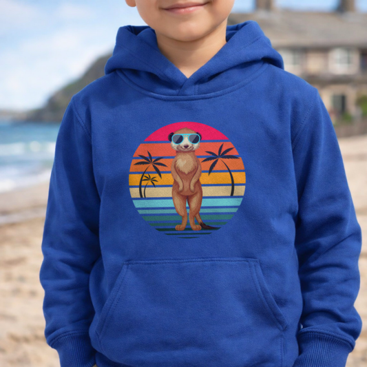 Boy wears royal blue hoodie featuring cool meerkat in sunglasses with retro sunset beach graphic, worn on a Cornish beach.