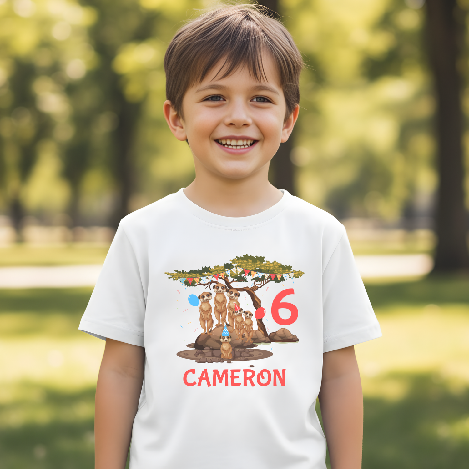 Smiling young boy wearing a white personalised meerkat birthday t-shirt with party meerkats, balloons, age 6 and the name Cameron printed on the front outdoors in a park.