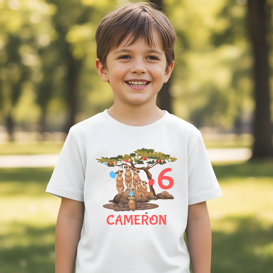 Smiling young boy wearing a white personalised meerkat birthday t-shirt with party meerkats, balloons, age 6 and the name Cameron printed on the front outdoors in a park.