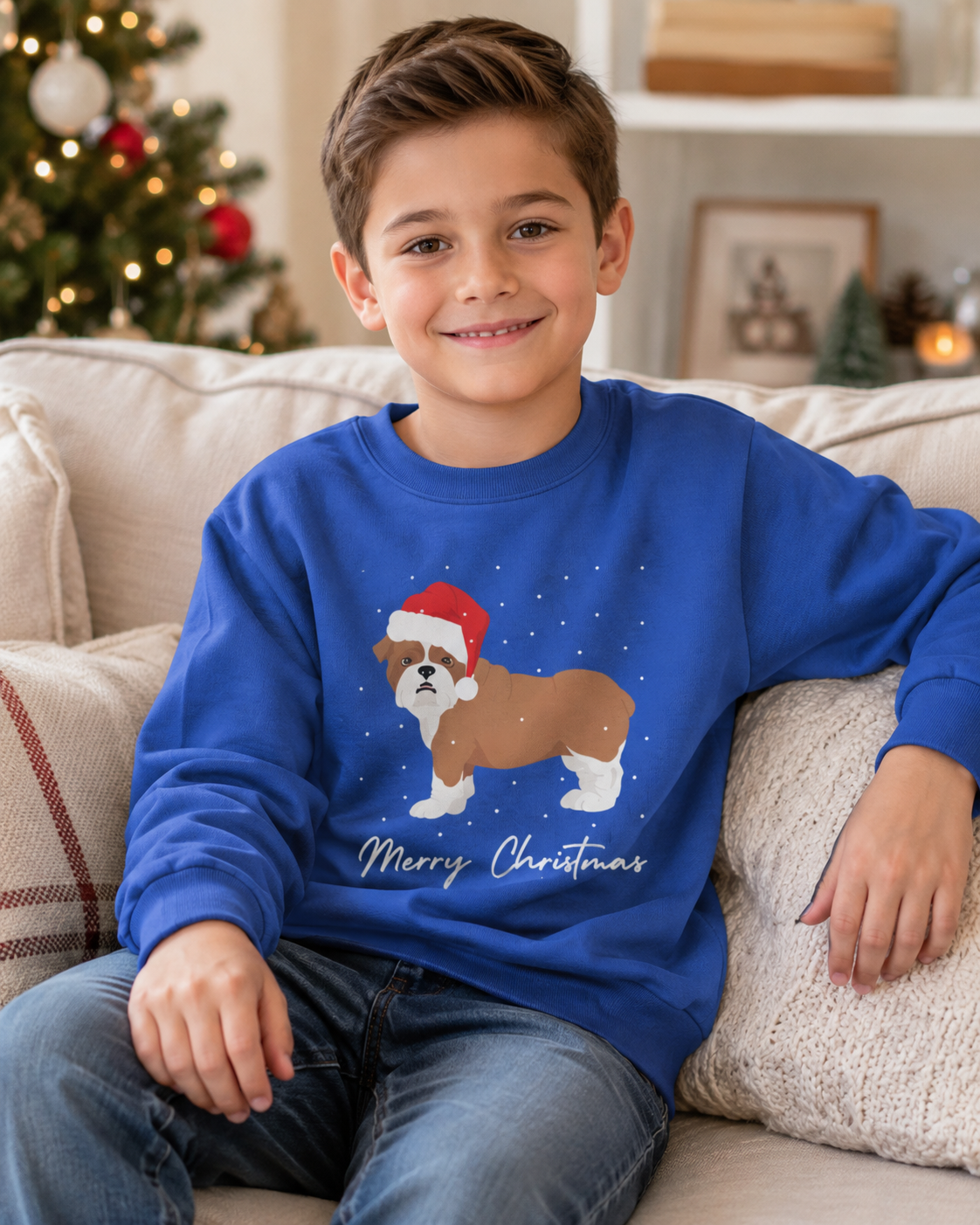 A smiling young boy sits on a beige couch wearing a royal blue crewneck sweatshirt with a Christmas graphic of a brown and white dog wearing a red Santa hat, with 'Merry Christmas' written below. The background shows a cozy living room with a decorated Christmas tree and shelves.