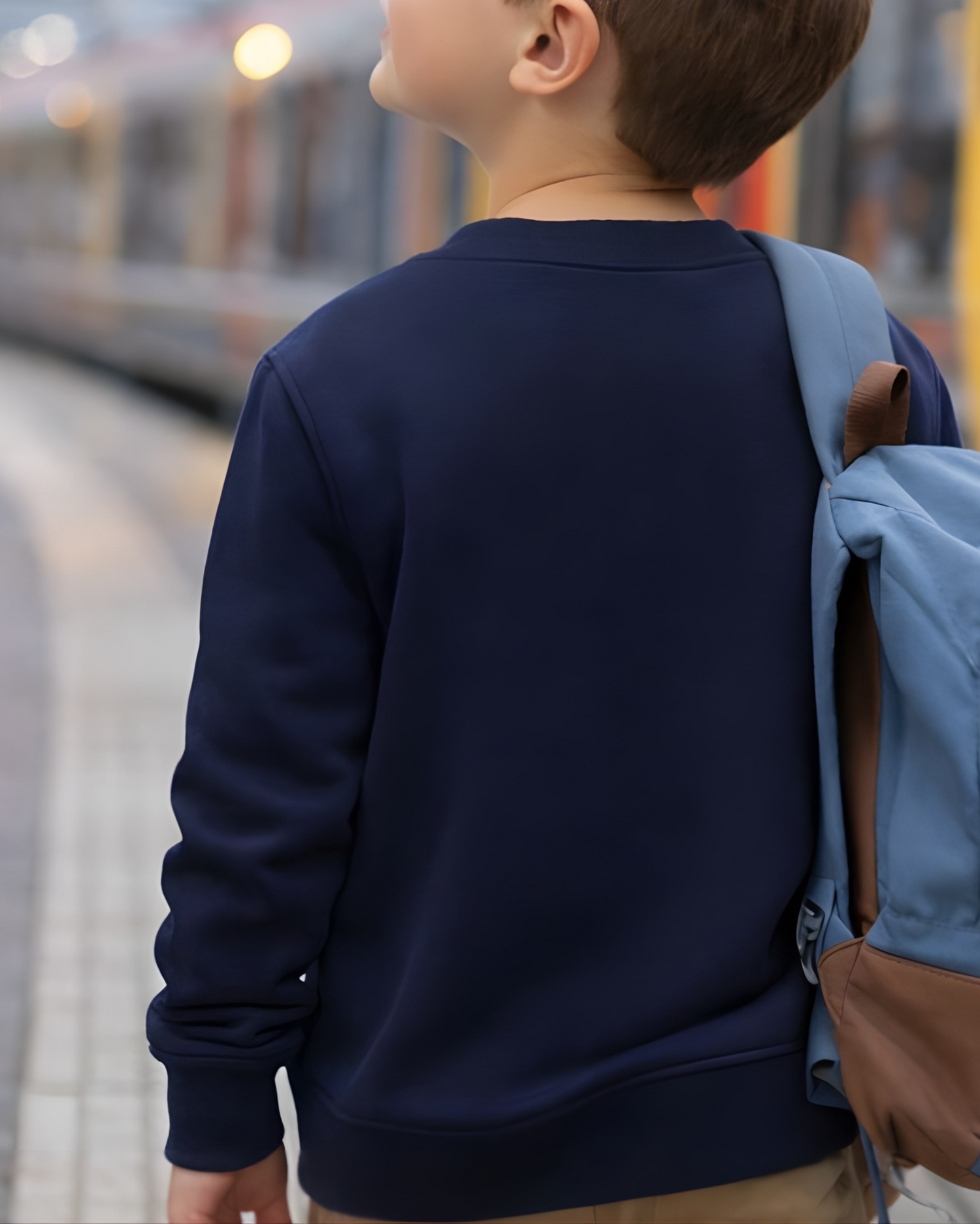 Back view of young boy wearing plain navy sweatshirt and backpack, looking toward a train and platform sign at a station.
