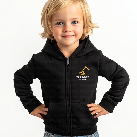 Boys Personalised Digger 'Site Foreman' Zip Hoodie | 3 - 11 years