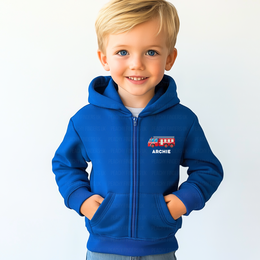 Boys Personalised Fire Engine Full Zip Hoodie | 3 - 11 years