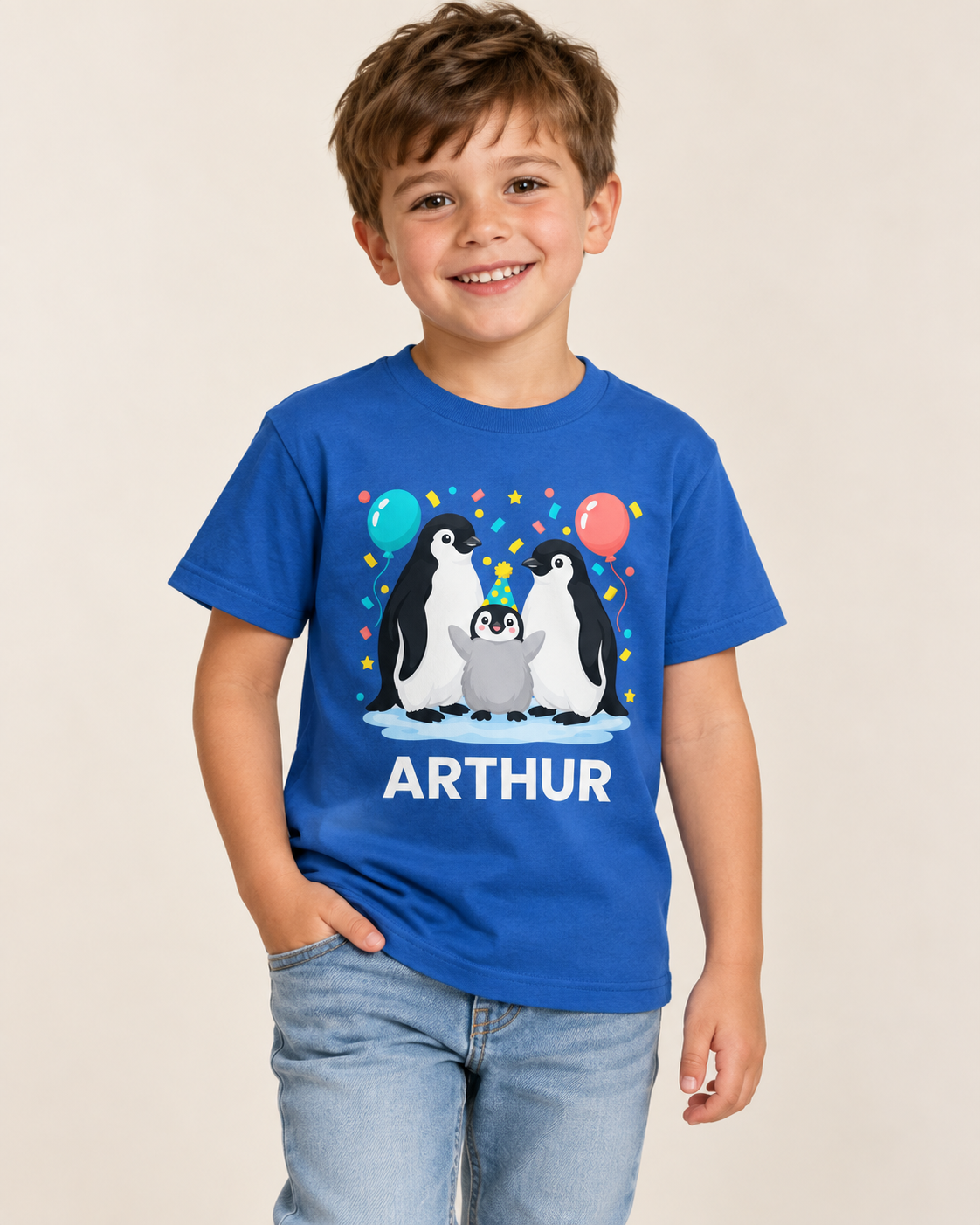 Smiling boy wearing a royal blue penguin birthday T-shirt personalised with Arthur, paired with light-wash jeans against a neutral studio background.