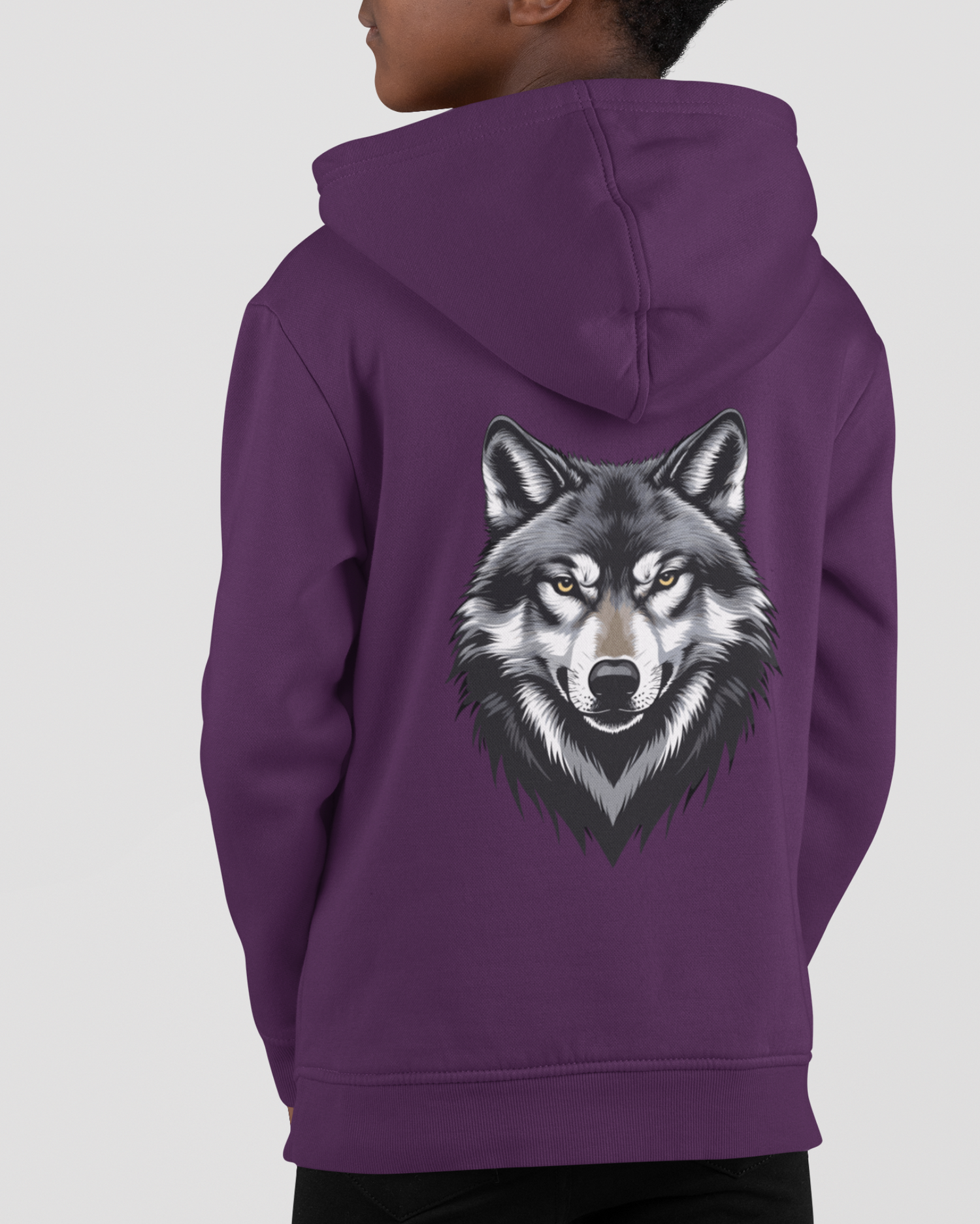 Purple hoodie with a wolf design on the back against a white background