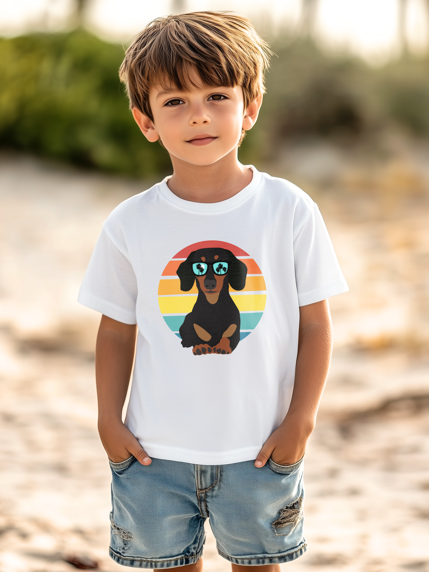 Boy at the beach wearing a kids short sleeved white t-shirt with a retro dachshund in sunglasses graphic.