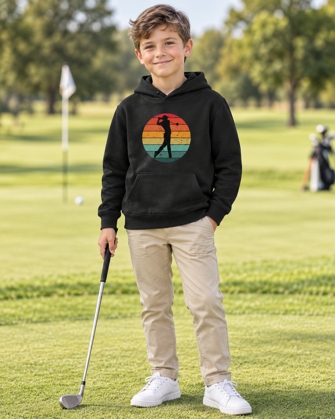 Ten-year-old boy wearing a black kids’ hoodie featuring a retro sunset golfer design while standing on a golf course.