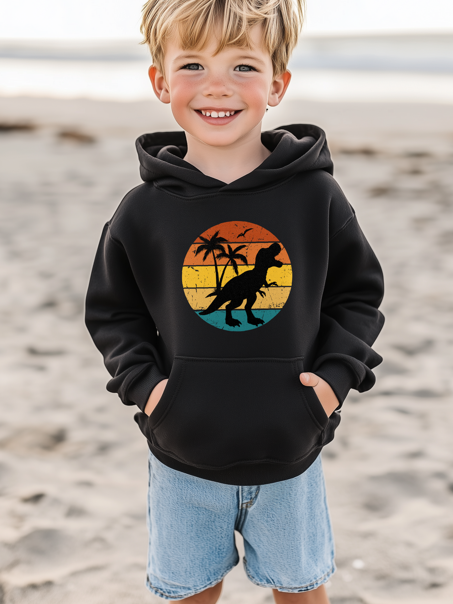 Kids Retro T-Rex Sunset Hoodie – Dinosaur & Palm Trees Graphic (3-13 yrs)