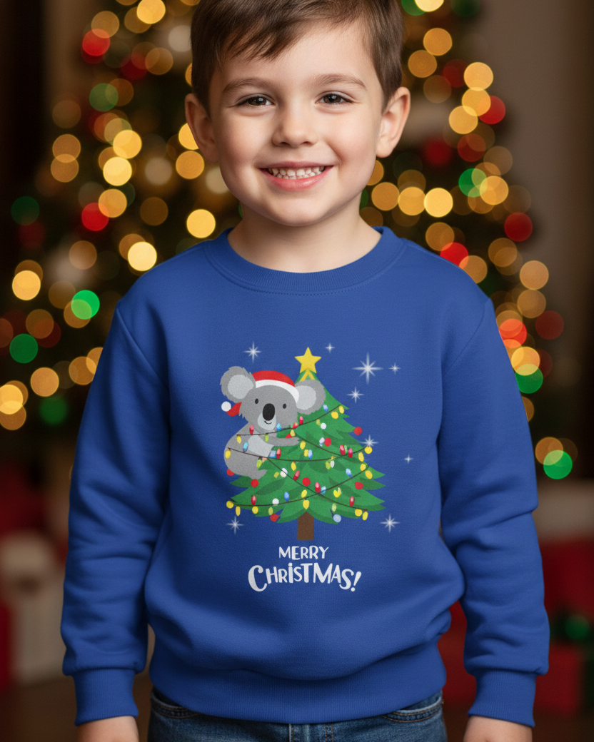 A young boy smiling in front of a blurred Christmas tree with warm bokeh lights, wearing a royal blue crewneck sweatshirt with a cartoon koala on a Christmas tree and the text 'MERRY CHRISTMAS!' printed on the front.