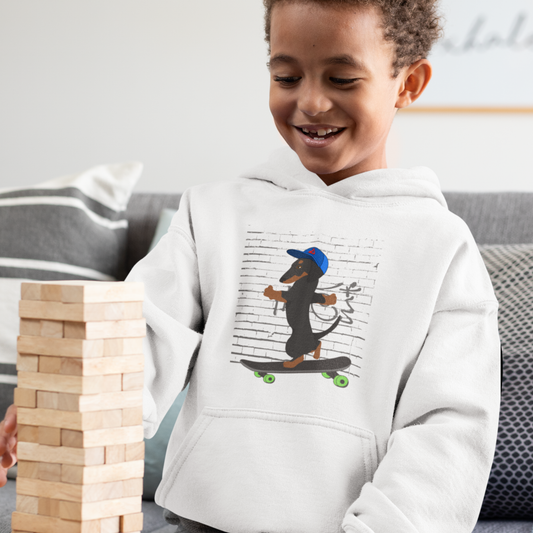 Kids Skateboarding Dachshund Pullover Hoodie (5-13 Yrs)