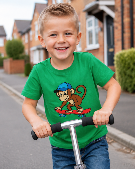 Young boy wearing a green t-shirt with a monkey graphic on a scooter in a residential area.