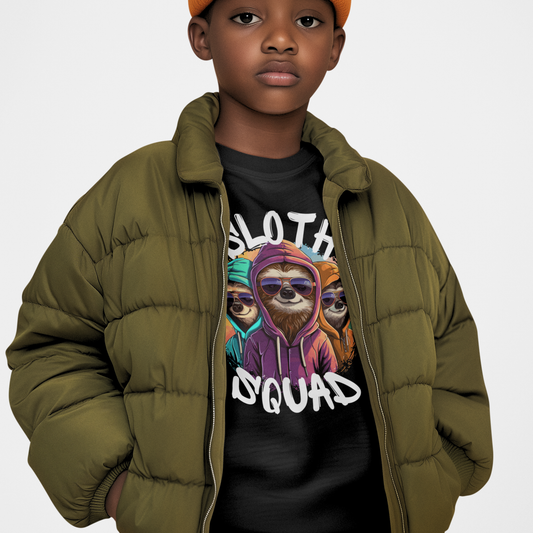 Young boy models a black sweatshirt with “Sloth Squad” text and three cool sloths wearing colourful hoodies and sunglasses. Styled under a green puffer jacket.