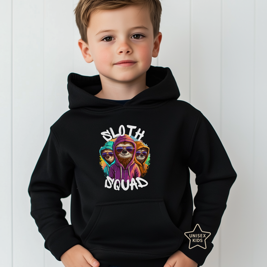Smiling young boy wearing a black Sloth Squad hoodie with three cool sloths in colourful hoodies and sunglasses on the front.