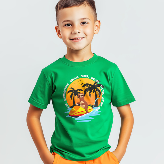 Smiling young boy wearing a bright green T-shirt with a jet skiing sloth, sunset, palm trees and circular beach-themed wording printed on the front.