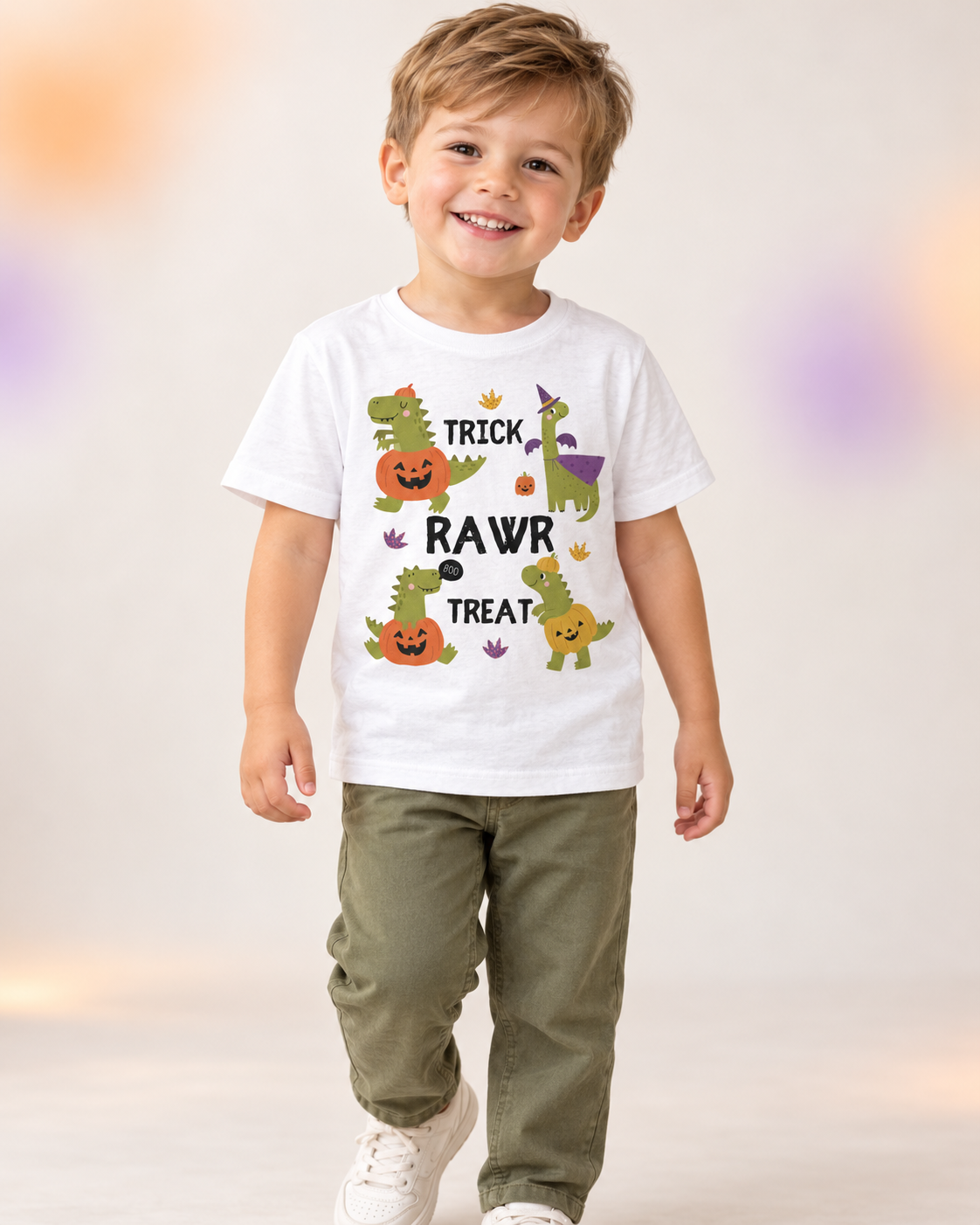 Smiling young boy wearing a white Trick Rawr Treat dinosaur Halloween T-shirt with olive-green trousers