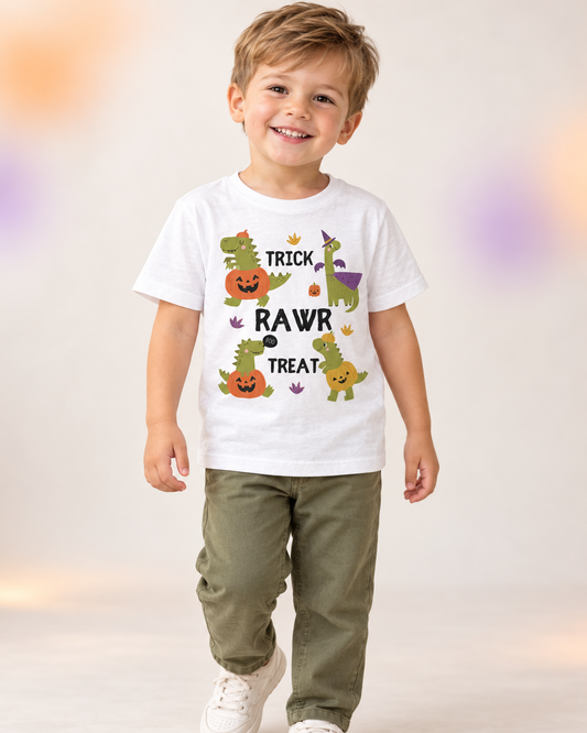 Smiling young boy wearing a white Trick Rawr Treat dinosaur Halloween T-shirt with olive-green trousers