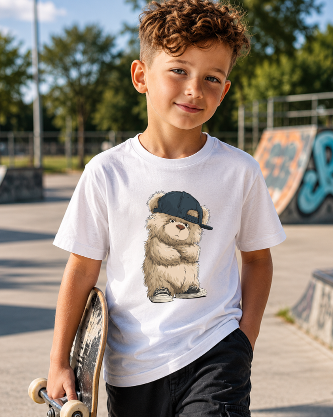 Child wearing a white t-shirt with a cool teddy bear graphic, holding a skateboard at a skate park.