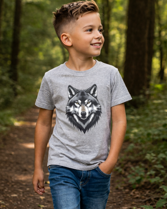 Young boy wearing grey wolf print t-shirt outdoors in woodland path