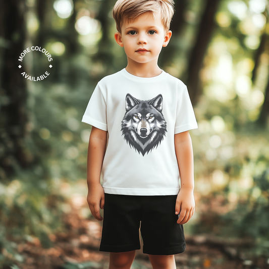 Child wearing a white t-shirt with a wolf graphic in a forest setting