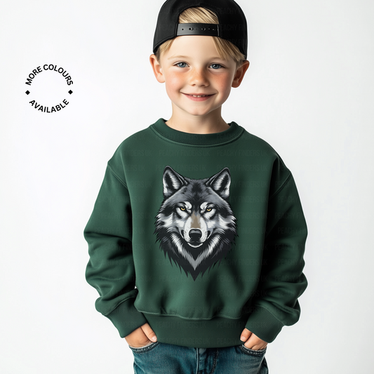 Boy wearing dark green kids wolf sweatshirt with fierce wolf head design