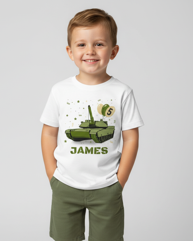 Child wearing a white t-shirt with a tank graphic and the name 'James' on a plain background