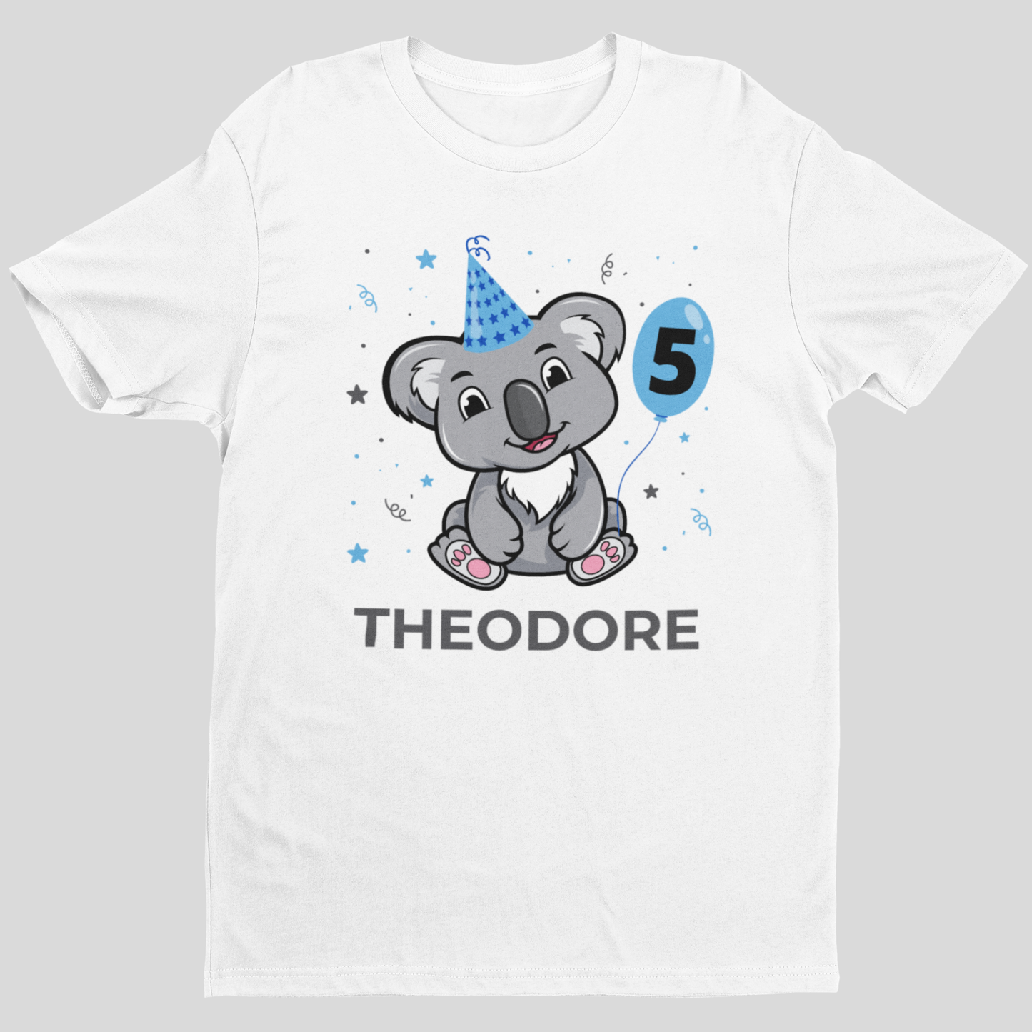 Personalised boys 5th birthday koala T-shirt with name Theodore and blue number 5 balloon