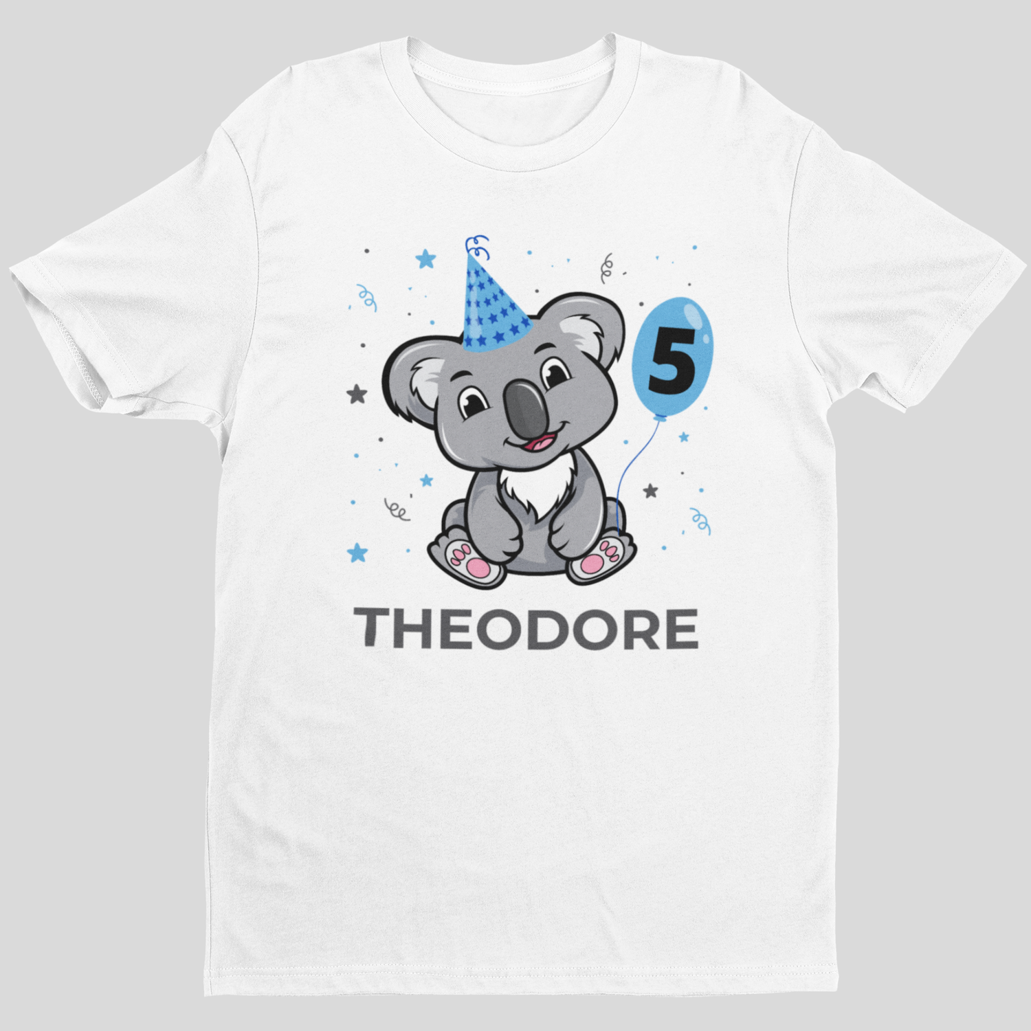 Personalised boys 5th birthday koala T-shirt with name Theodore and blue number 5 balloon