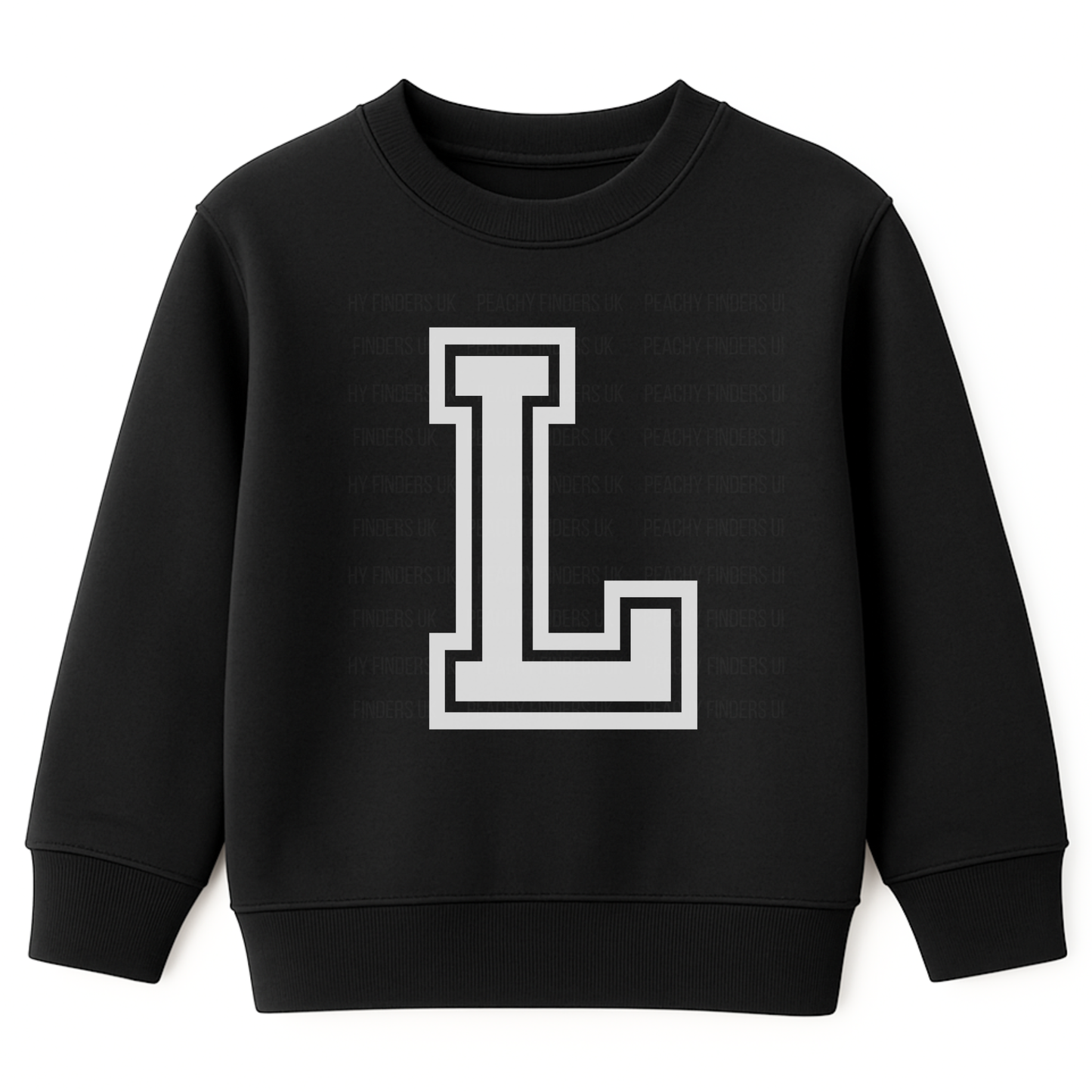 Kids sweatshirt in black with large white monogram varsity college-style letter L on the front