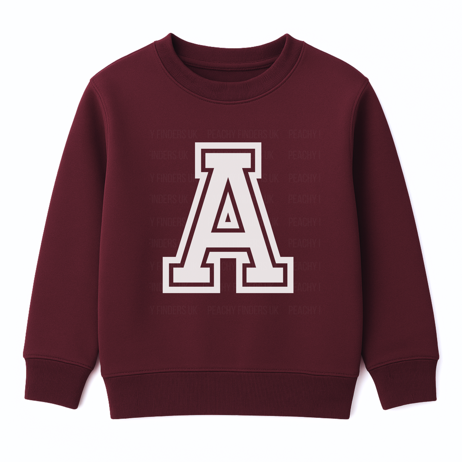 Kids burgundy sweatshirt with large white monogram varsity college-style letter A on the front