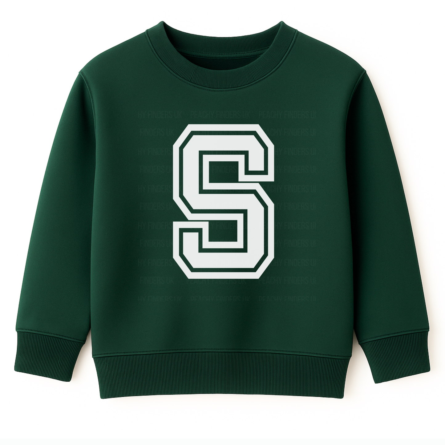 Kids sweatshirt in dark green with large white monogram varsity college-style letter S on the front
