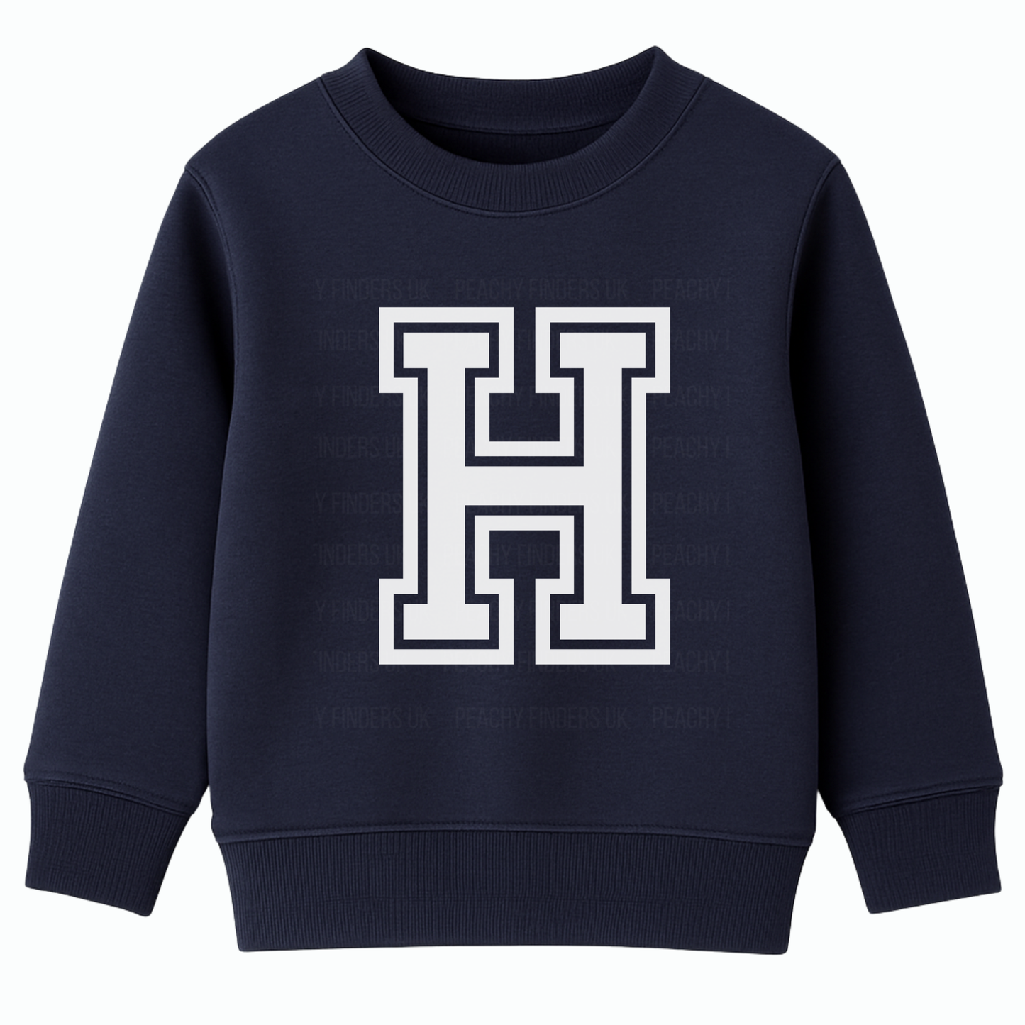 Kids navy sweatshirt with large white monogram varsity college-style letter H on the front