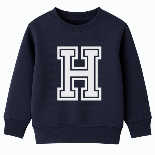 Kids navy sweatshirt with large white monogram varsity college-style letter H on the front