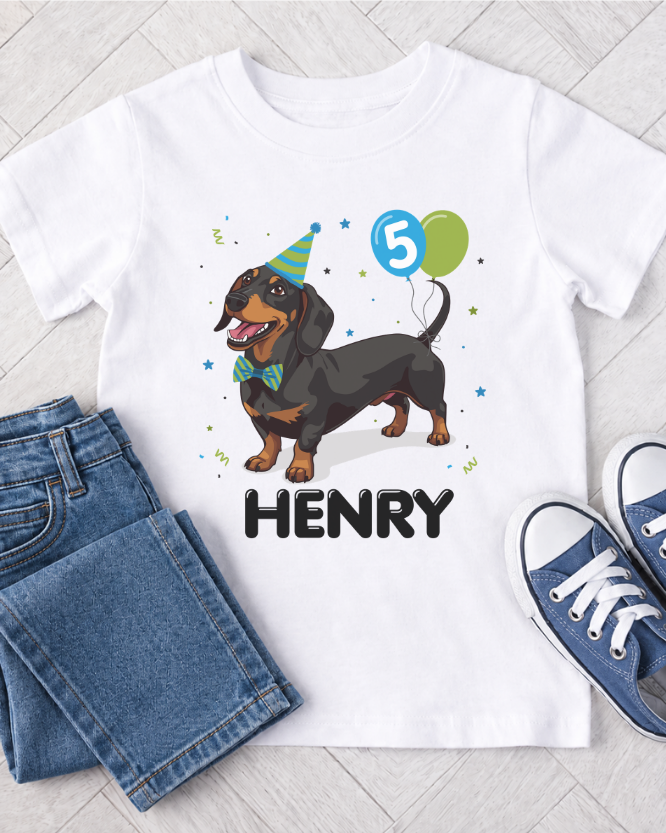Boys Personalised Birthday Dachshund T-shirt (3-11 yrs)