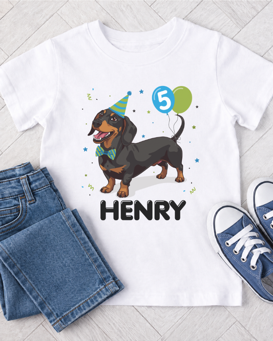 Boys Personalised Birthday Dachshund T-shirt (3-11 yrs)