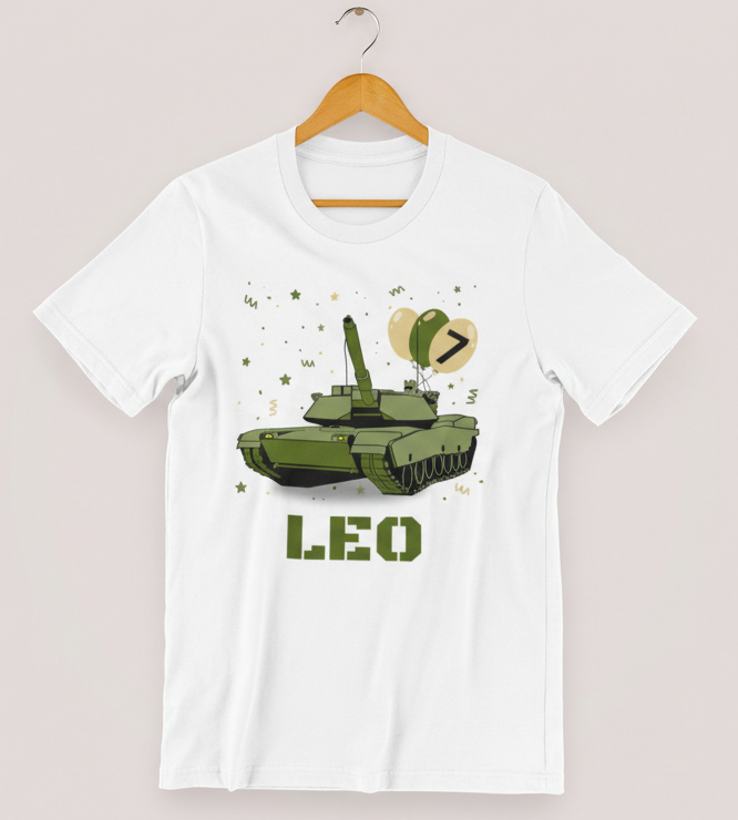 White t-shirt with a green tank graphic and 'LEO' text on a hanger against a light background