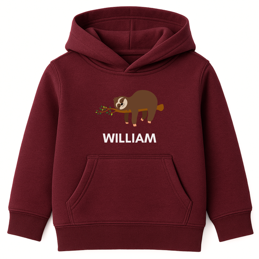 Burgundy boys hoodie with custom name and sleeping sloth illustration