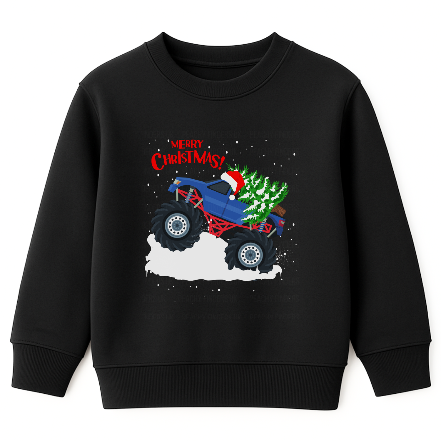 Kids black Christmas sweatshirt featuring a blue monster truck with a Santa hat carrying Christmas trees in the back, snow detailing, and “Merry Christmas!” text in red.
