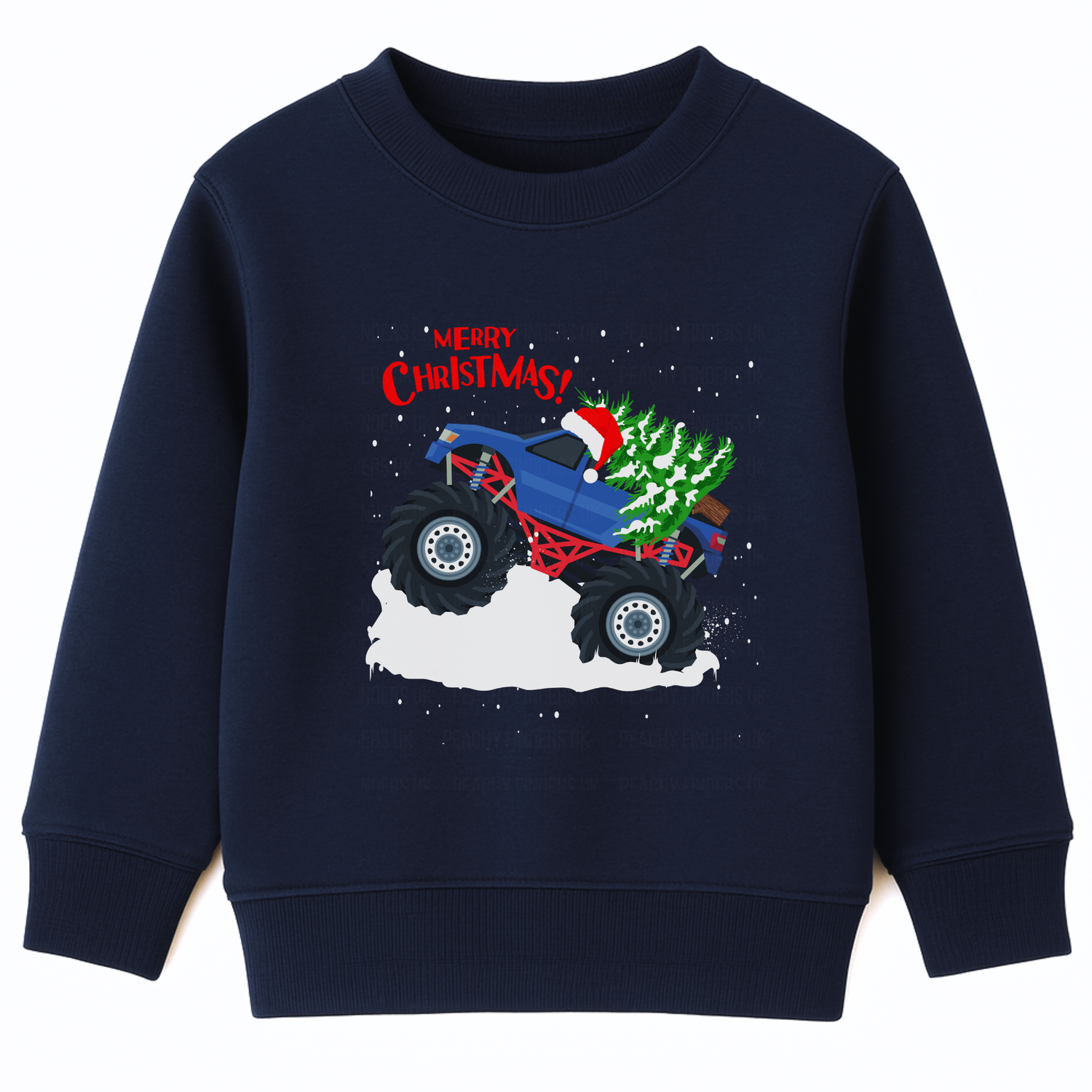 Kids navy Christmas sweatshirt featuring a blue monster truck with a Santa hat carrying Christmas trees in the back, snow detailing, and “Merry Christmas!” text in red.